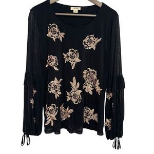 Style & Co. Embroidered Mesh Top Womens Small Black Long Sleeve Boho Artsy